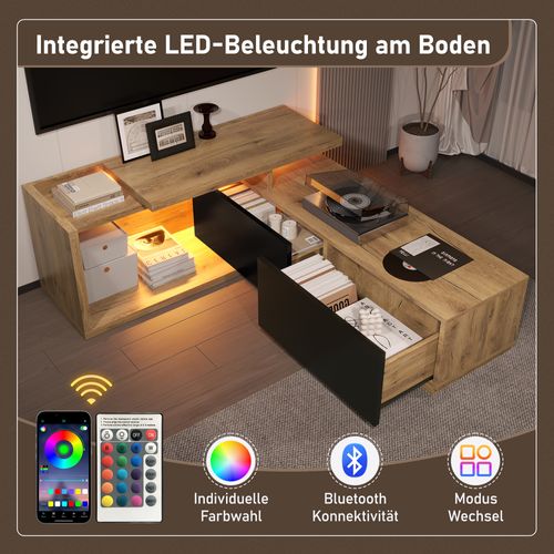 Meuble TV LED 133,5×40×45cm 2 Tiroirs Rangement Table Réglable Style Industriel Bois