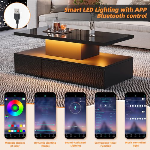 Table Basse 100x50x39 Cm LED 1 Tiroir Compartiment Rangement Ouvert Style Moderne Noir Brillant