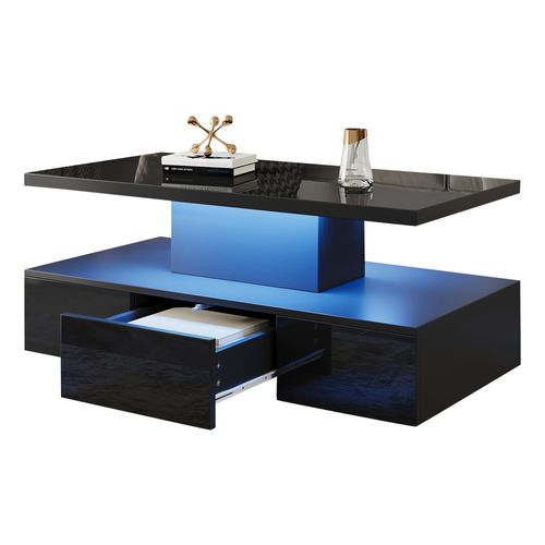Table Basse 100x50x39 Cm LED 1 Tiroir Compartiment Rangement Ouvert Style Moderne Noir Brillant
