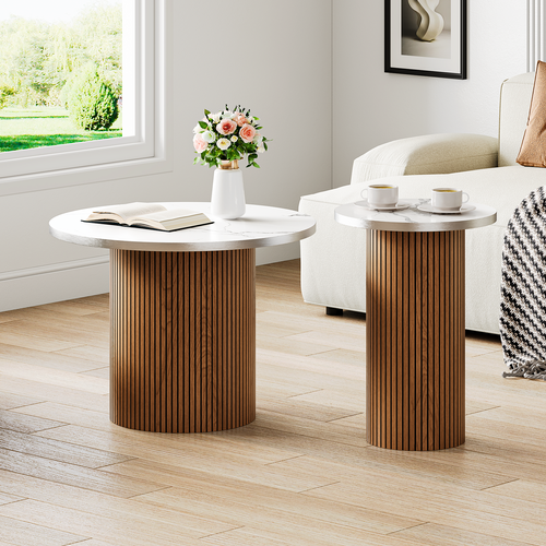 Table Basse Gigogne Lot De 2 Rond En Noyer Table D’appoint Meubles Salon Plateau Marbre
