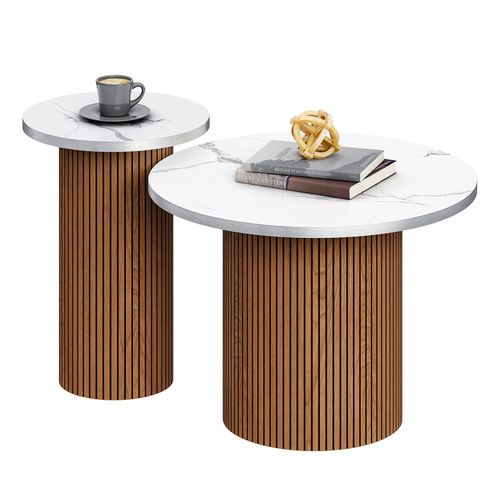 Table Basse Gigogne Lot De 2 Rond En Noyer Table D’appoint Meubles Salon Plateau Marbre