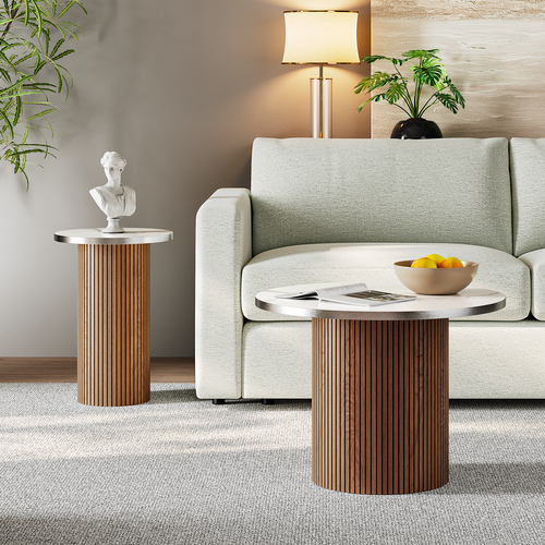 Table Basse Gigogne Lot De 2 Rond En Noyer Table D’appoint Meubles Salon Plateau Marbre