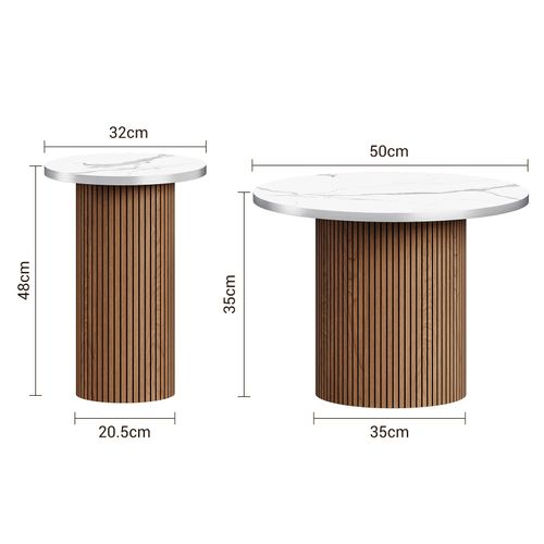 Table Basse Gigogne Lot De 2 Rond En Noyer Table D’appoint Meubles Salon Plateau Marbre