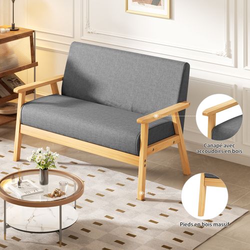 Canapé 2 Places Scandinave En Tissu Lin,banquette Fauteuil,107x60x76cm,gris
