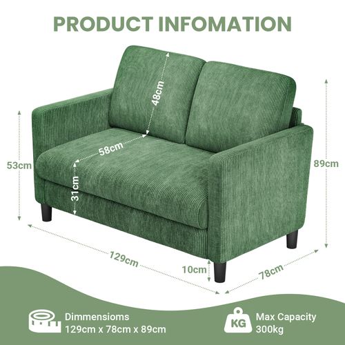 Canapé 2 Places En Velours Côtelé - 129x78x89 Cm - Vert