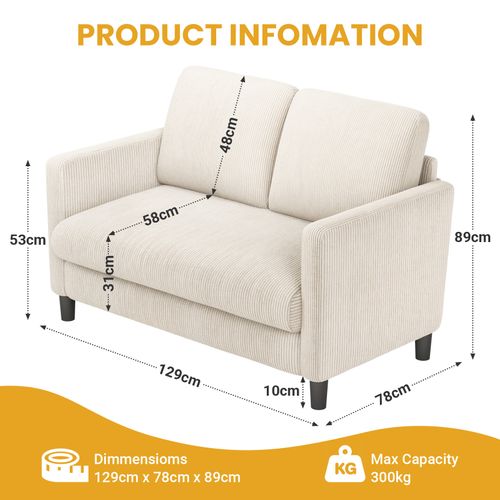 Canapé 2 Places 129x78x89 Cm En Velours Côtelé - Beige