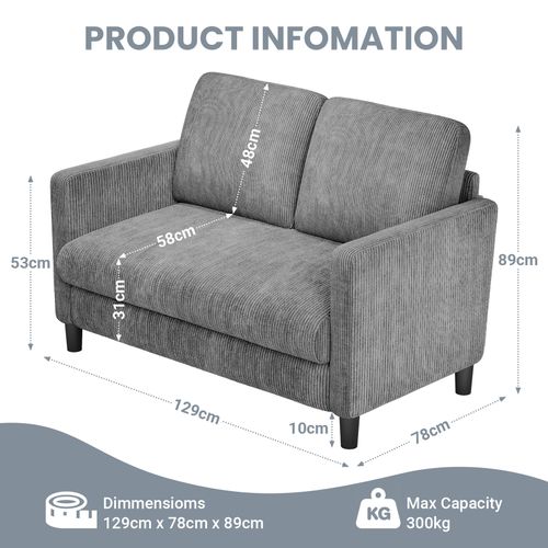 Canapé 2 Places 129x78x89 Cm En Velours Côtelé - Gris