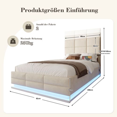 Lit Coffre 1 Places 90x200cm Relevable Hydraulique Velours USB-led Tête Lit Réglable Hauteur Beige