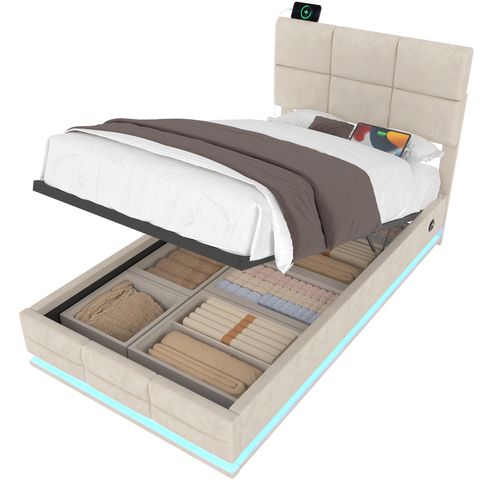 Lit Coffre 1 Places 90x200cm Relevable Hydraulique Velours USB-led Tête Lit Réglable Hauteur Beige