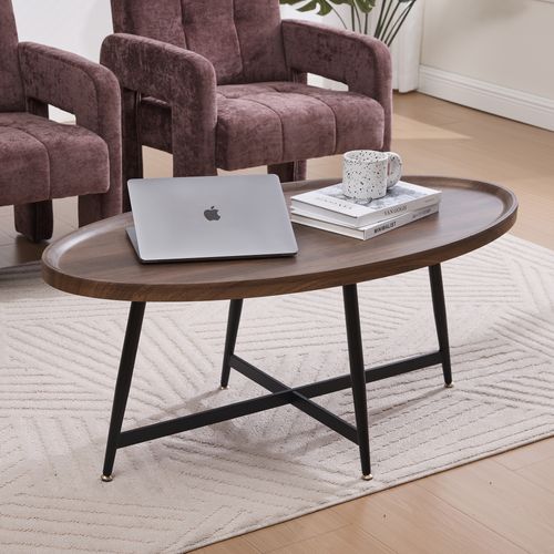 Table Basse Ovale Pieds Métal 110x55x45,5cm Table D'appoint Style Nordique Table De Canapé Noyer