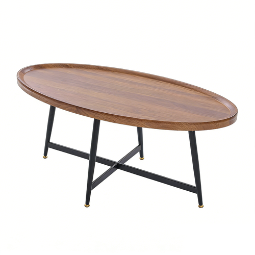 Table Basse Ovale Pieds Métal 110x55x45,5cm Table D'appoint Style Nordique Table De Canapé Noyer