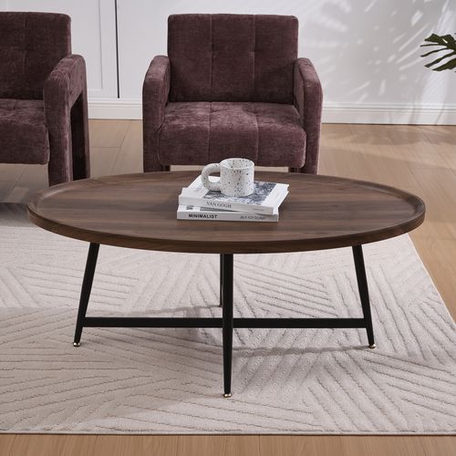 Table Basse Ovale Pieds Métal 110x55x45,5cm Table D'appoint Style Nordique Table De Canapé Noyer
