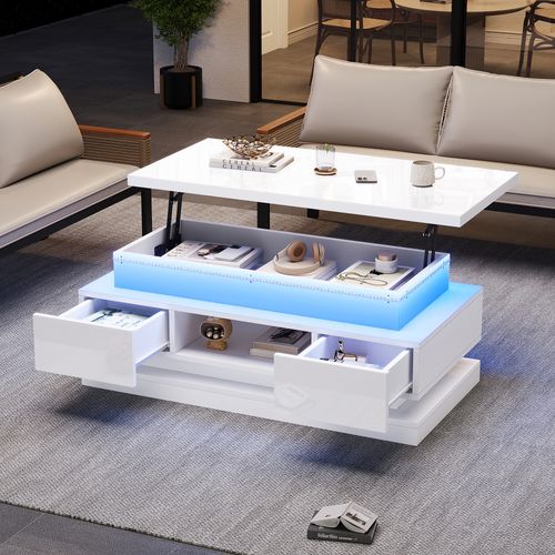 Table Basse Moderne 100x50x40cm 2 Tiroirs LED Relevage Hydraulique Rangement Caché Blanc Brillant