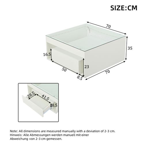 Table Basse Carré Verre Moderne 70x70x35cm 2 Tiroirs LED Compartiment Rangement Blanc Brillant