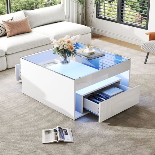Table Basse Carré Verre Moderne 70x70x35cm 2 Tiroirs LED Compartiment Rangement Blanc Brillant