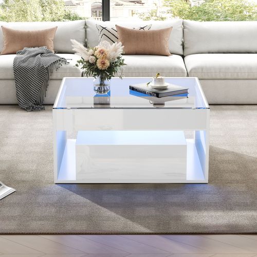 Table Basse Carré Verre Moderne 70x70x35cm 2 Tiroirs LED Compartiment Rangement Blanc Brillant