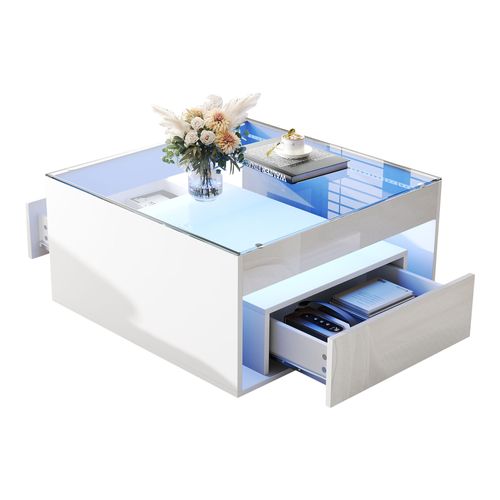 Table Basse Carré Verre Moderne 70x70x35cm 2 Tiroirs LED Compartiment Rangement Blanc Brillant