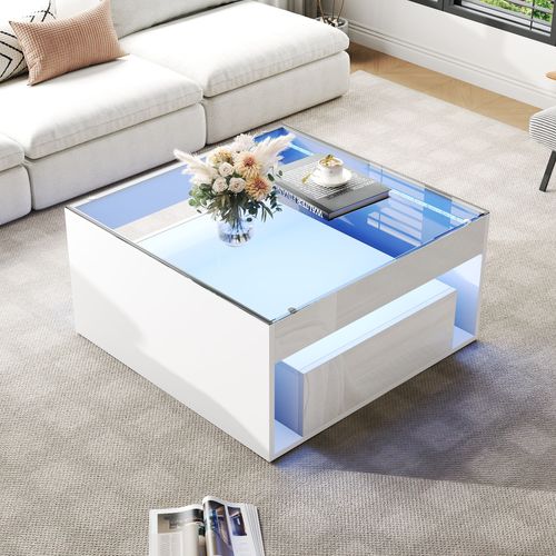 Table Basse Carré Verre Moderne 70x70x35cm 2 Tiroirs LED Compartiment Rangement Blanc Brillant
