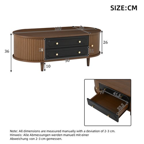 Table Basse Ovale 100x50x36cm 2 Tiroirs 2 Portes Coulissantes Compartiment Canapé Table Noyer