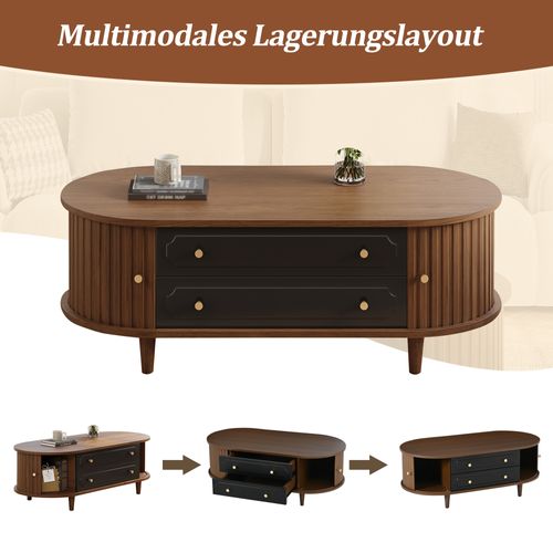 Table Basse Ovale 100x50x36cm 2 Tiroirs 2 Portes Coulissantes Compartiment Canapé Table Noyer
