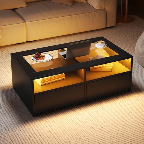 Table Basse Verre Moderne 100x50x35cm LED 2 Tiroirs 2 Compartiments Rangement Canapé Table Noir