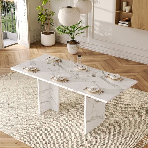 Table à Manger Extensible 140-180x80cm 6-8 Personnes Plateau Extensible Placage Marbre Blanc