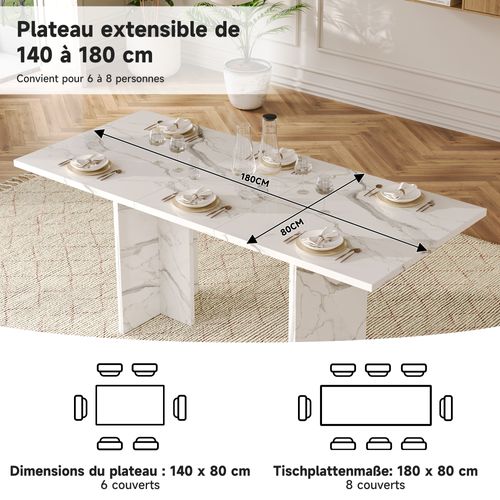 Table à Manger Extensible 140-180x80cm 6-8 Personnes Plateau Extensible Placage Marbre Blanc