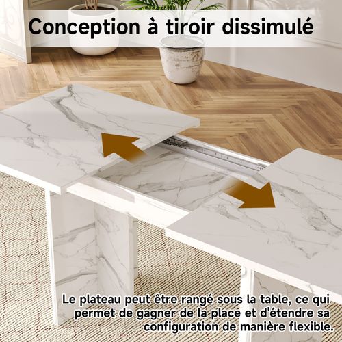 Table à Manger Extensible 140-180x80cm 6-8 Personnes Plateau Extensible Placage Marbre Blanc