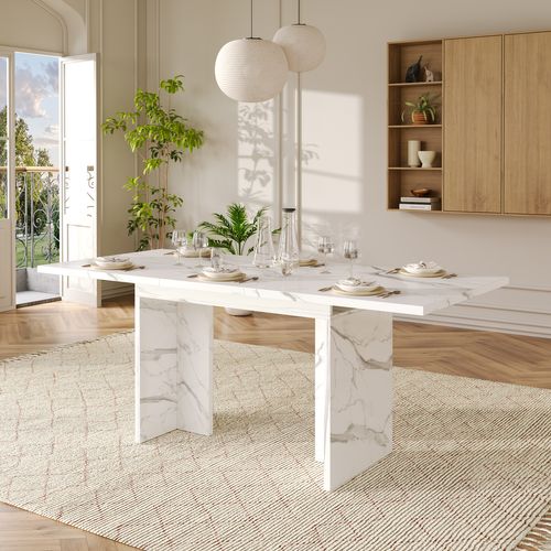 Table à Manger Extensible 140-180x80cm 6-8 Personnes Plateau Extensible Placage Marbre Blanc