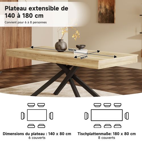 Table Salle à Manger Extensible 140-180x80cm 6-8 Personnes Plateau Extensible Placage Marbre Bois