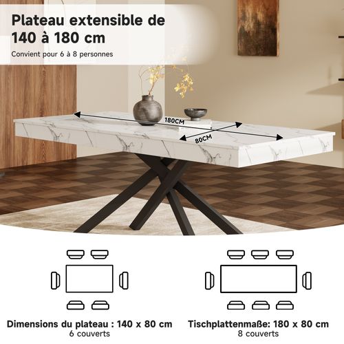 Table Salle à Manger Extensible 140-180x80cm 6-8 Personnes Plateau Extensible Placage Marbre Blanc