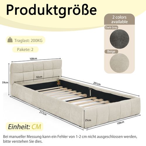 Lit Simple Rembourré 90x200cm Sommier à Lattes Tête De Lit Velours Tissu Style Moderne Beige