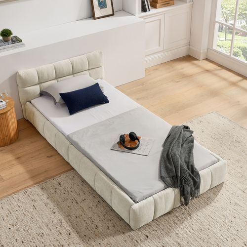 Lit Simple Rembourré 90x200cm Sommier à Lattes Tête De Lit Velours Tissu Style Moderne Beige