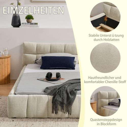 Lit Simple Rembourré 90x200cm Sommier à Lattes Tête De Lit Velours Tissu Style Moderne Beige