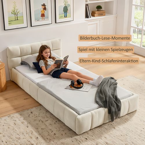 Lit Simple Rembourré 90x200cm Sommier à Lattes Tête De Lit Velours Tissu Style Moderne Beige
