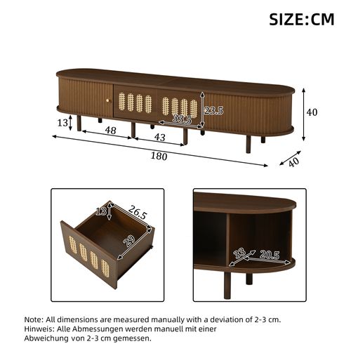 Meuble TV 180x40x40cm 2 Tiroirs 2 Portes Coulissantes Compartiments Rangement Pour 80"tv Noyer