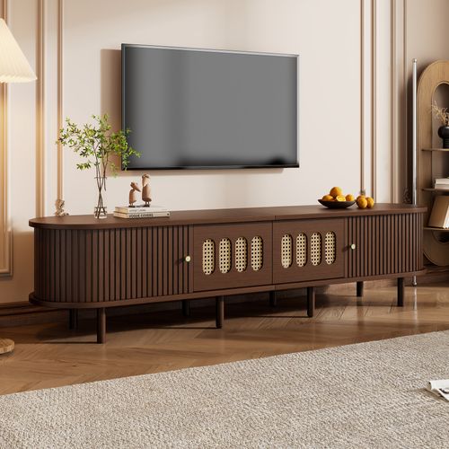 Meuble TV 180x40x40cm 2 Tiroirs 2 Portes Coulissantes Compartiments Rangement Pour 80"tv Noyer