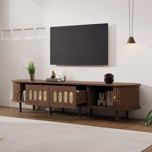 Meuble TV 180x40x40cm 2 Tiroirs 2 Portes Coulissantes Compartiments Rangement Pour 80"tv Noyer