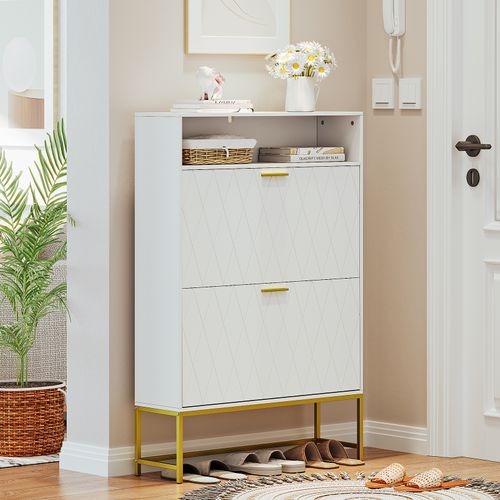 Meuble Chaussures 80x24x117cm 2 Abattants Double Niveau 14 Paires Pour Meuble Entrée Couloir Blanc