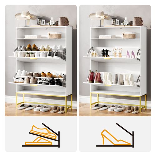 Meuble Chaussures 80x24x117cm 2 Abattants Double Niveau 14 Paires Pour Meuble Entrée Couloir Blanc