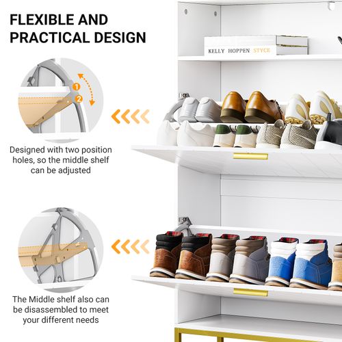 Meuble Chaussures 80x24x117cm 2 Abattants Double Niveau 14 Paires Pour Meuble Entrée Couloir Blanc