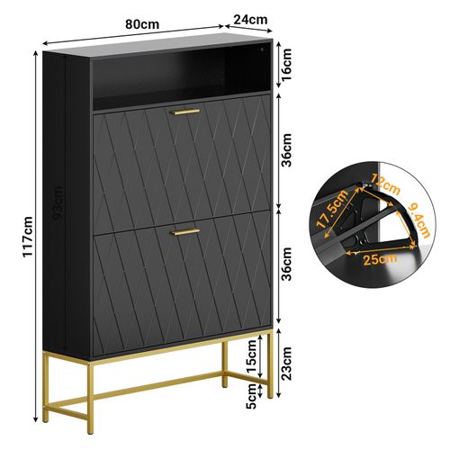 Meuble Chaussures 80x24x117cm 2 Abattants Double Niveau 15 Paires Pour Meuble Entrée Couloir Noir