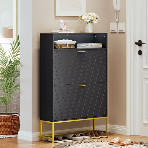 Meuble Chaussures 80x24x117cm 2 Abattants Double Niveau 15 Paires Pour Meuble Entrée Couloir Noir