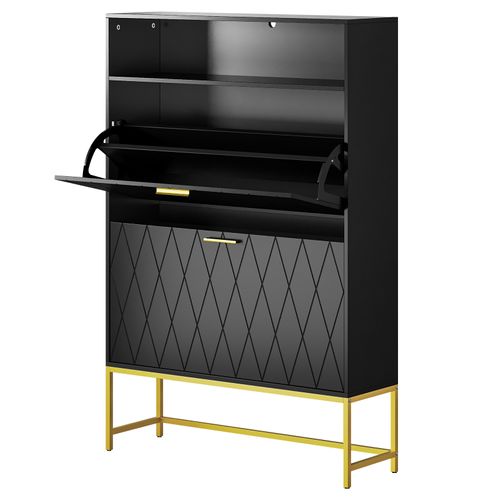 Meuble Chaussures 80x24x117cm 2 Abattants Double Niveau 15 Paires Pour Meuble Entrée Couloir Noir