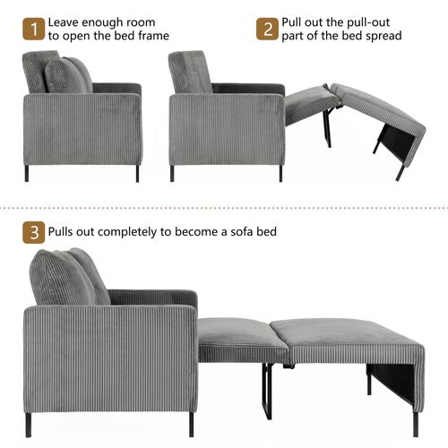 Canapé Convertible 2 Places En Velours Côtelé,canapé-lit Moderne Avec Accoudoir,gris