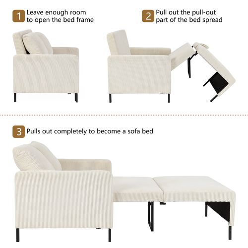 Canapé Convertible 2 Places En Velours Côtelé,canapé-lit Moderne Avec Accoudoir,beige