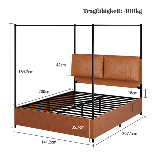 Lit Double Cuir 140x200cm Cadre Lit Fer Tête Lit Haute Support Rideau De Lit Multifonctionnel Marron