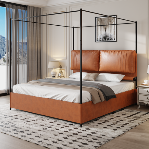 Lit Double Cuir 180x200cm Cadre Lit Fer Tête Lit Haute Support Rideau Lit Multifonctionnel Marron