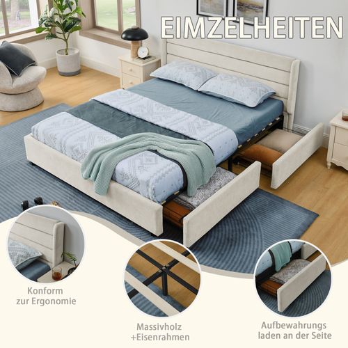 Lit Rembourré 140x200cm 4 Tiroirs Rangement Lit Junior Sommier à Lattes Tête De Lit Moderne Beige