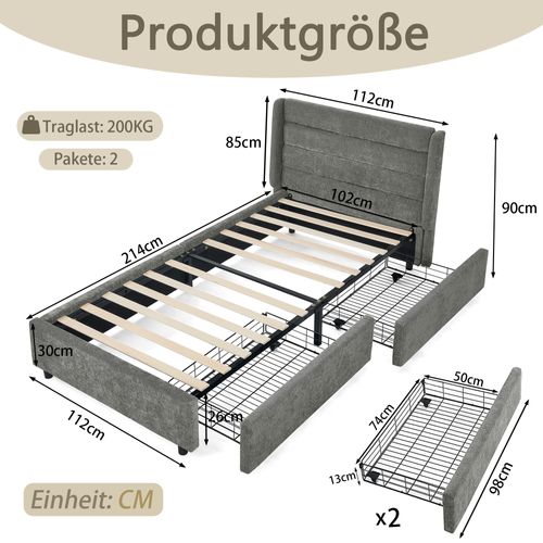 Lit Simple Enfant 90x200cm 2 Tiroirs Rangement Lit Junior Sommier à Lattes Tête De Lit Moderne Gris